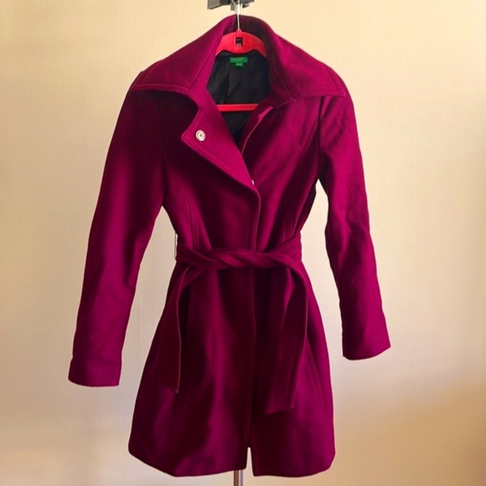United Colors of Benetton wine red belted wool coat US size 0-2/ XS IT sz 38